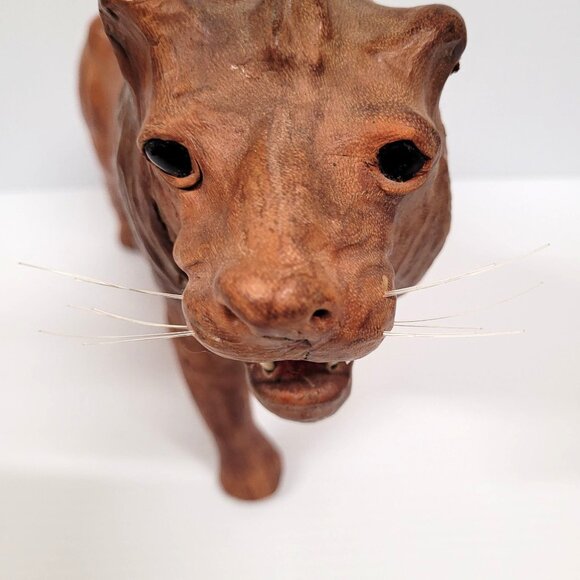 Lion Leather Wrapped Glass Eye Statue Figurine 12'' x 9'' Made in India Vintage - Picture 10 of 10